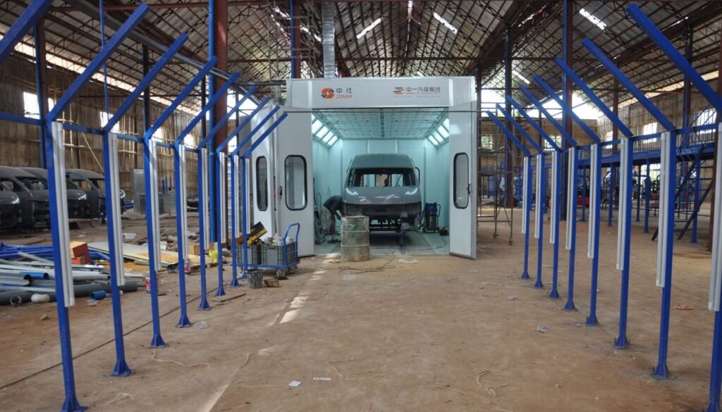 Assembly hall with stations installed