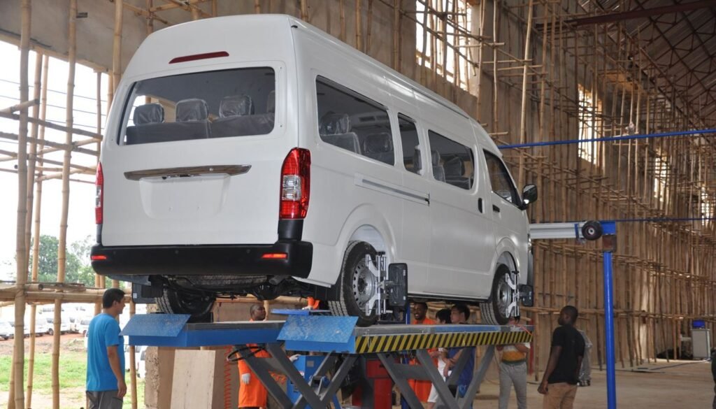 Assembled van on a lift at the Nigeria plant